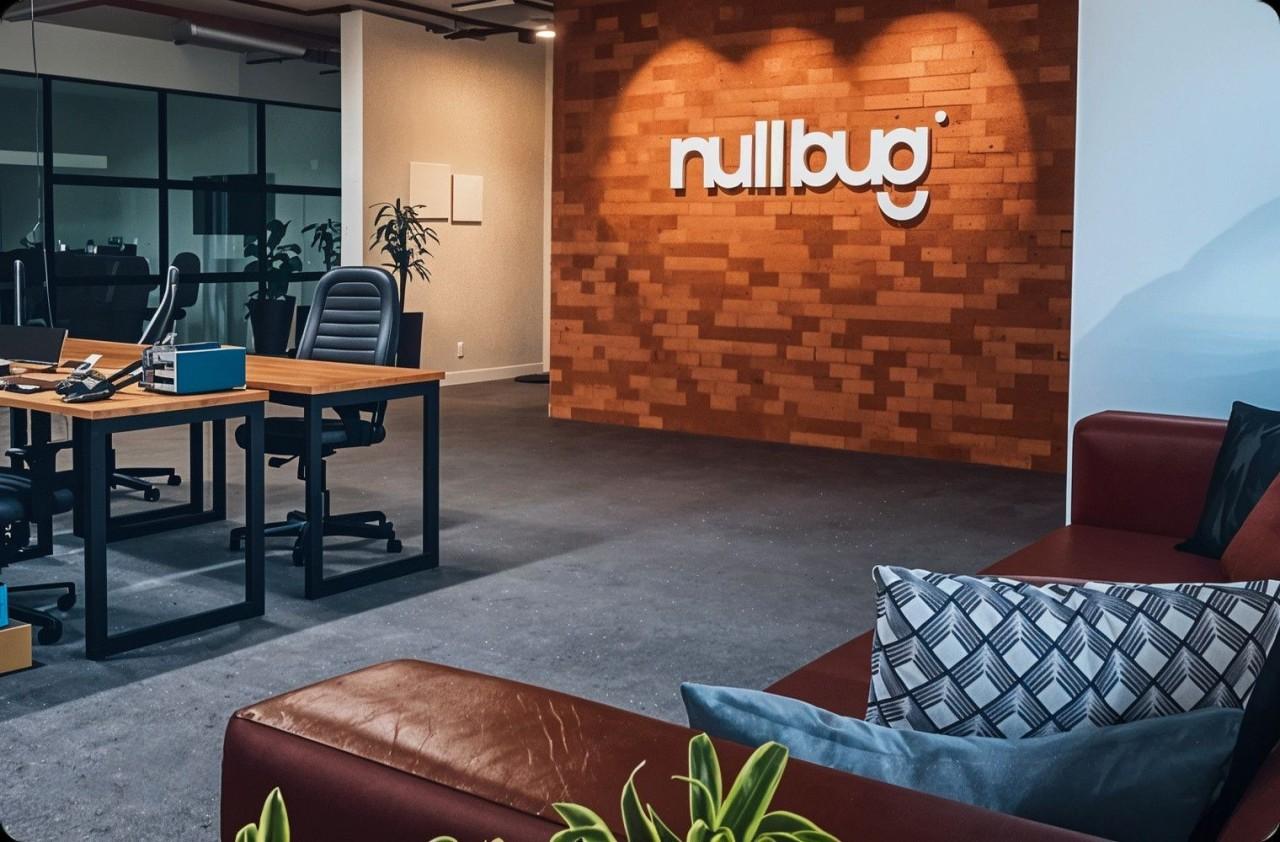 Nullbug headquarters. In the photo you can see a brown sofa with cushions and in front you can see the word Nullbug in relief on a wall made of industrial bricks. In front we also have industrial-style work desks for software developers and specialized programmers.